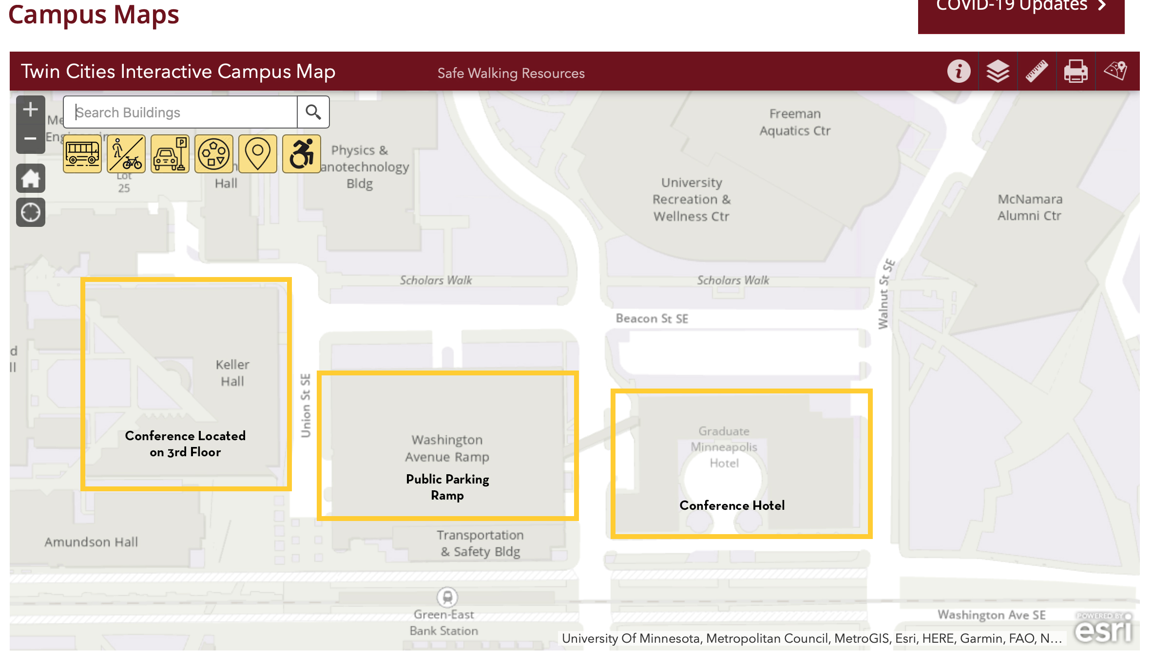 Campus map highlighting Keller Hall, Washington Avenue Ramp and the Graduate Hotel. 